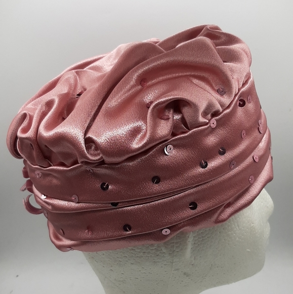 Vintage Handmade Dusty Rose Satin Hat Woman's Dressy Hat With Sequins Size 7? - Picture 4 of 8